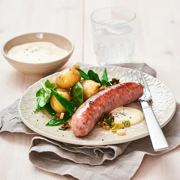 Bacon- och sveciakorv med senapscrème
