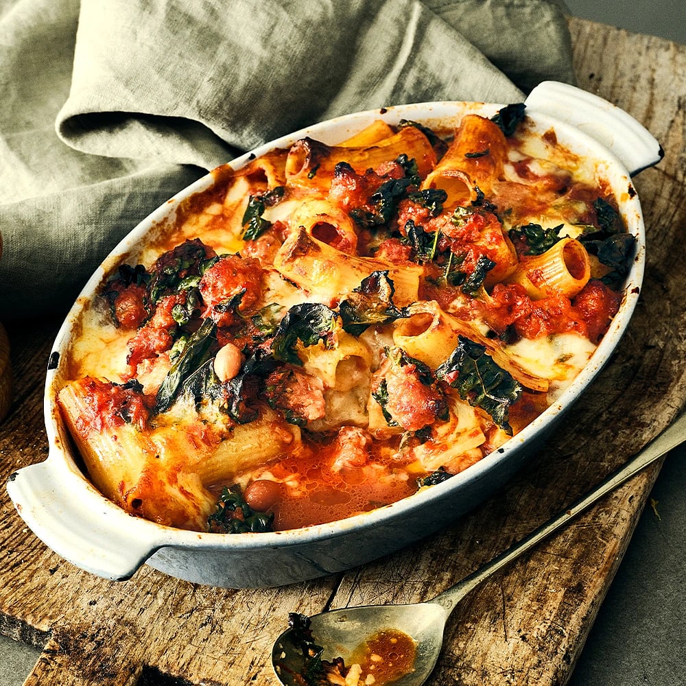 Baked beans med rigatoni och fior di latte