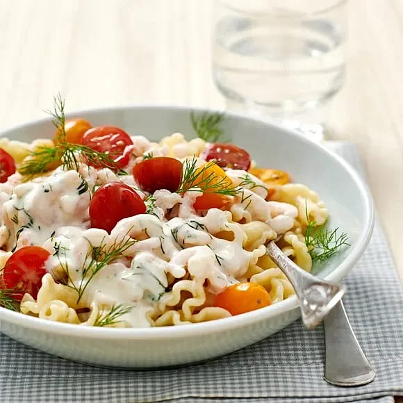 Campanelle med räkor i dillsås