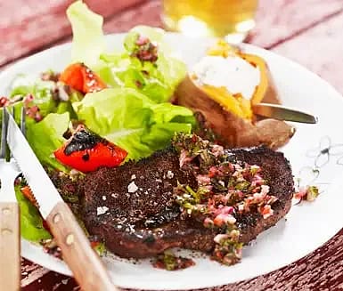 Carribbean rub till luffarstek, med sötpotatis och chimichurri