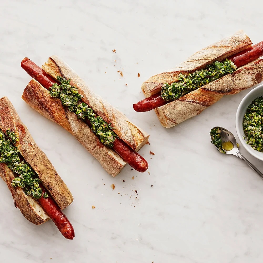 Choripan i baguette med pistage-chimichurri