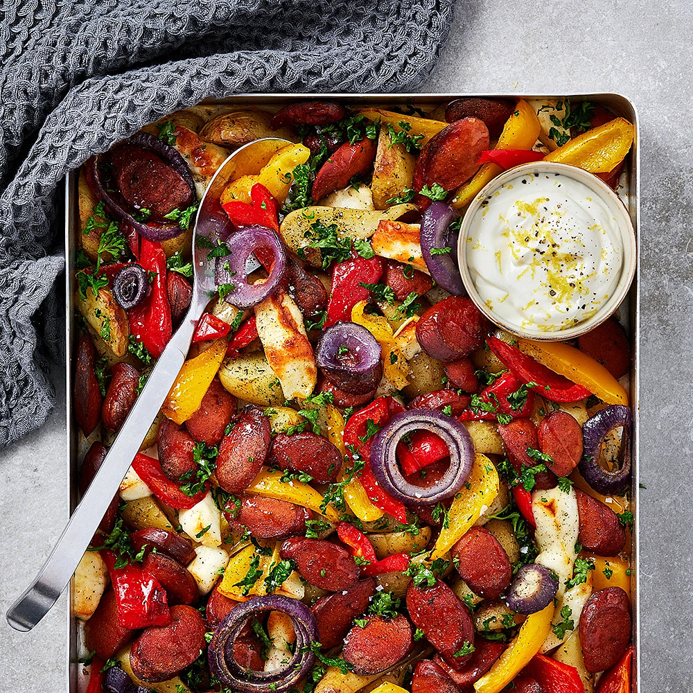 Chorizo och halloumi på plåt