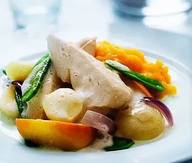 Ciderkokt kyckling med potatis- och pumpapuré