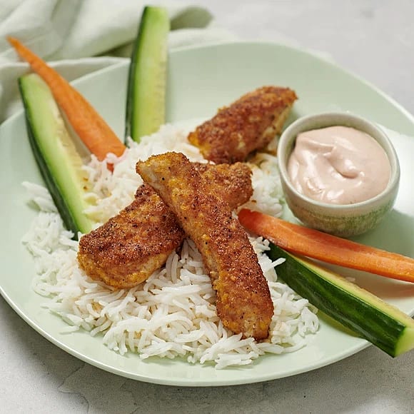 Crispy chicken med dipp och grönsaksstavar