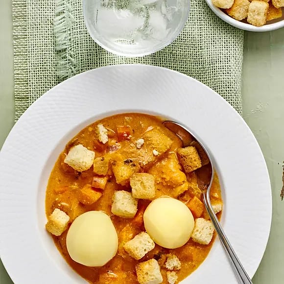 Fiskgryta med saffran och krutonger