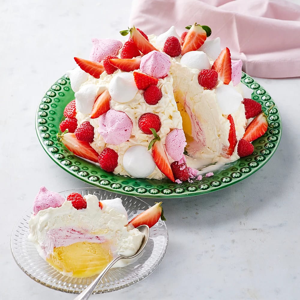Glassbomb på blåbärsglass och hallonsorbet