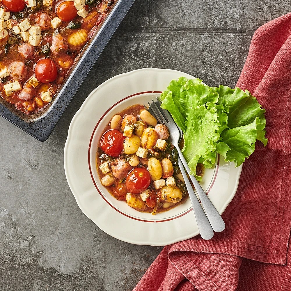 Gnocchi med romanticatomater, salsiccia och spenat