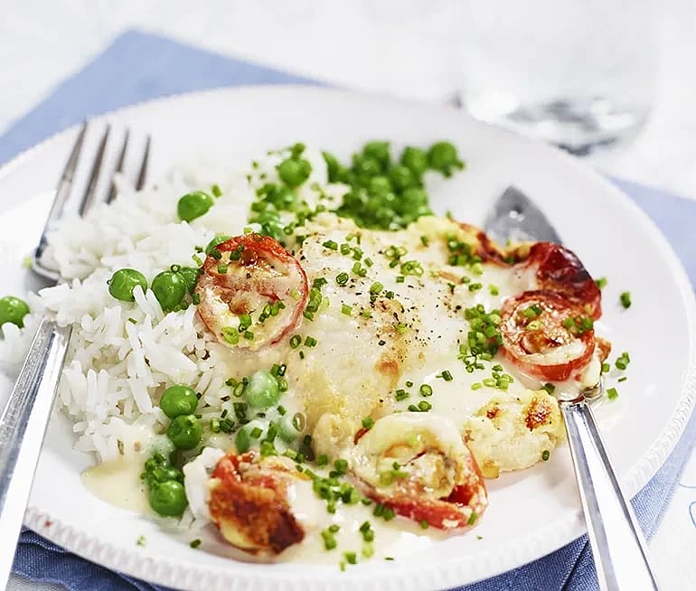 Gratinerad fisk med tomat och gräslök