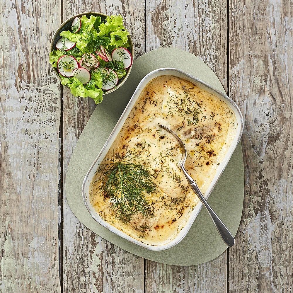 Gratinerad rödspätta med dill och pressad potatis