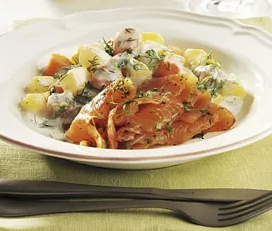 Gravad lax med dillstuvade vinterrötter