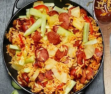 Jambalaya med korv och risoni