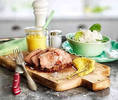 Kalventrecôte med majskräm och kokosris
