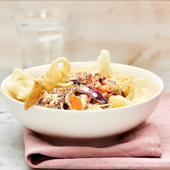 Krämig pasta med rimmat fläsk