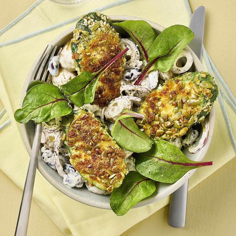 Krämig potatissallad med fröpanerad zucchini