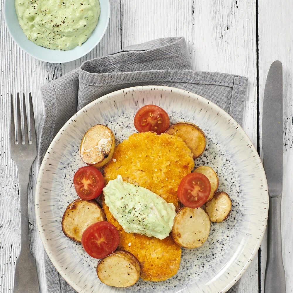 Krispig schnitzel med avokadodipp