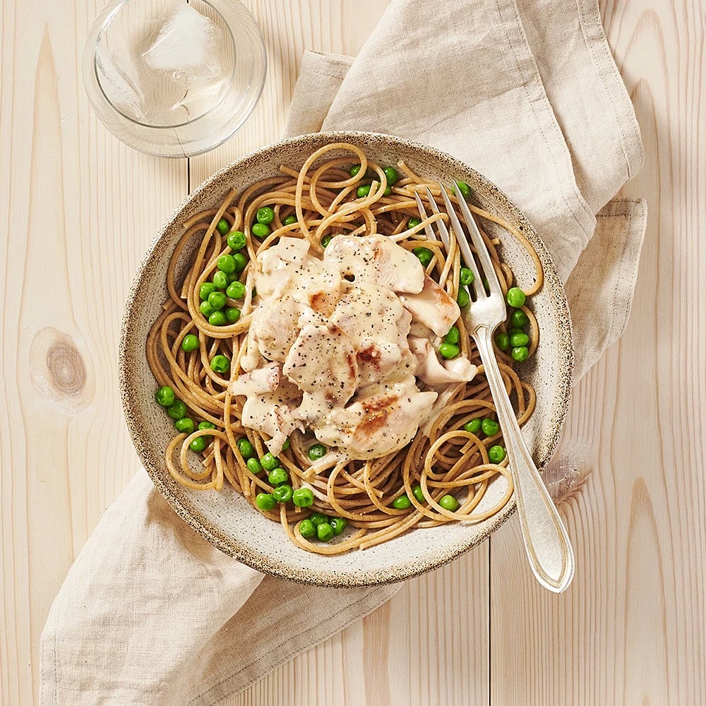 Kycklingcarbonara med gröna ärtor