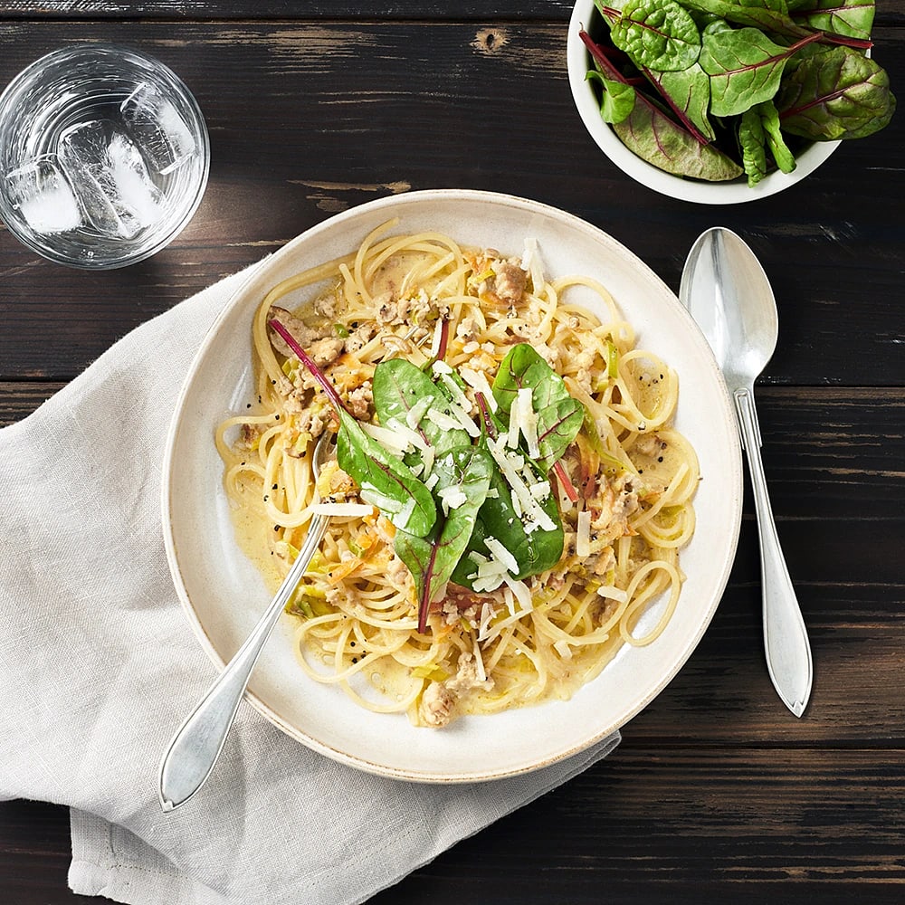 Kycklingfärssås med svampcrème fraiche och spaghetti
