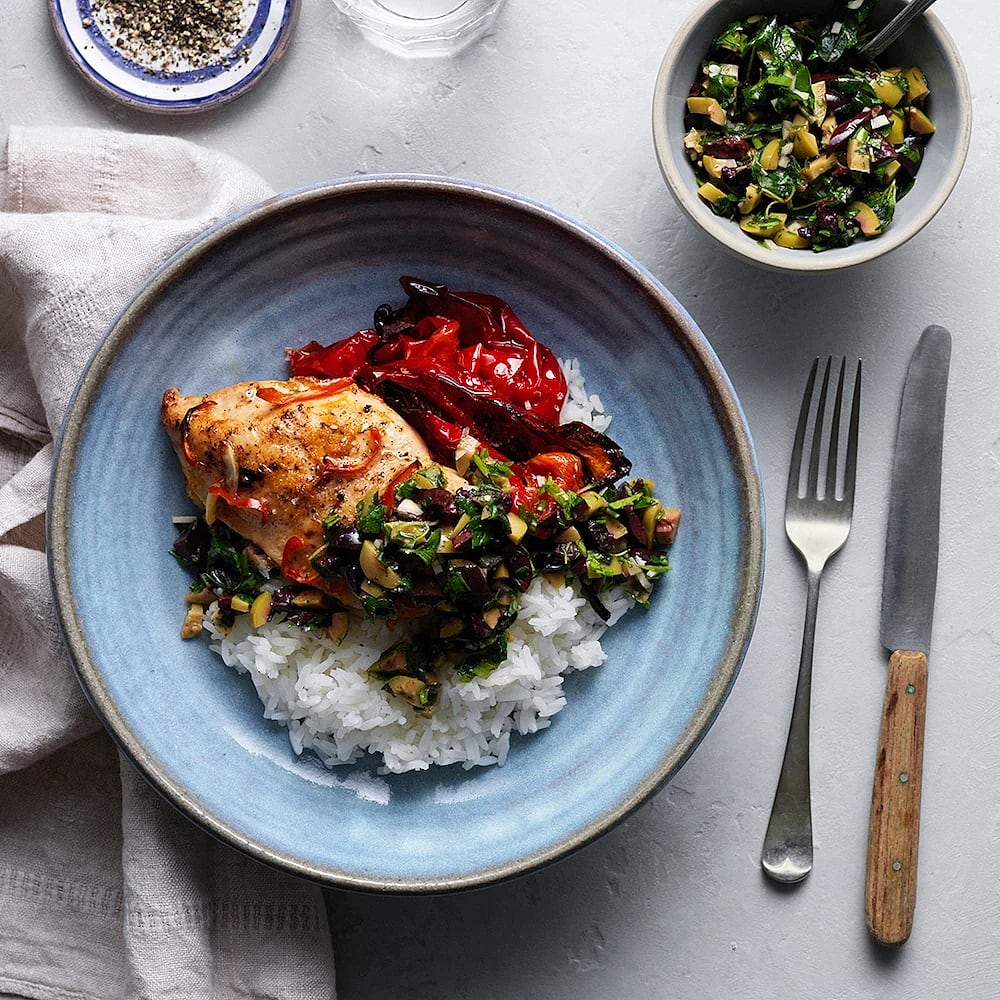 Kycklingfilé i ugn med ris och rostad paprika