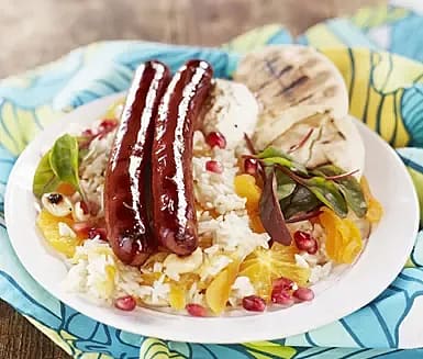 Lammkorv och ris Marrakech med frukt och mandel
