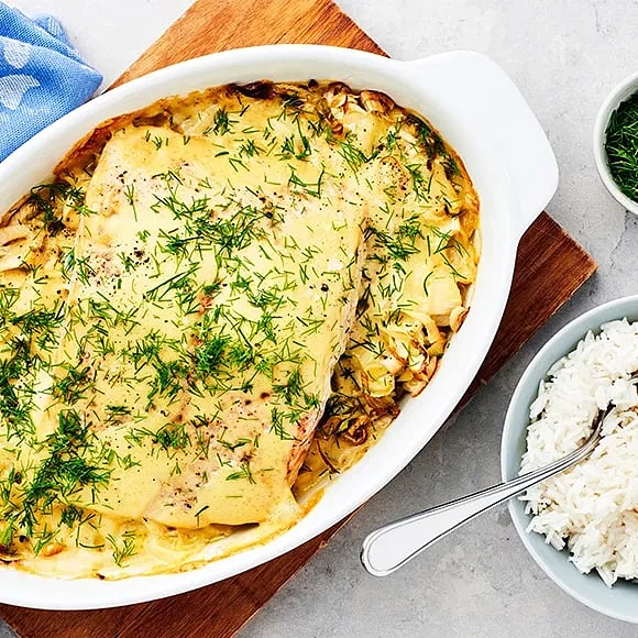 Lax i ugn med fänkål, dill och citronsås