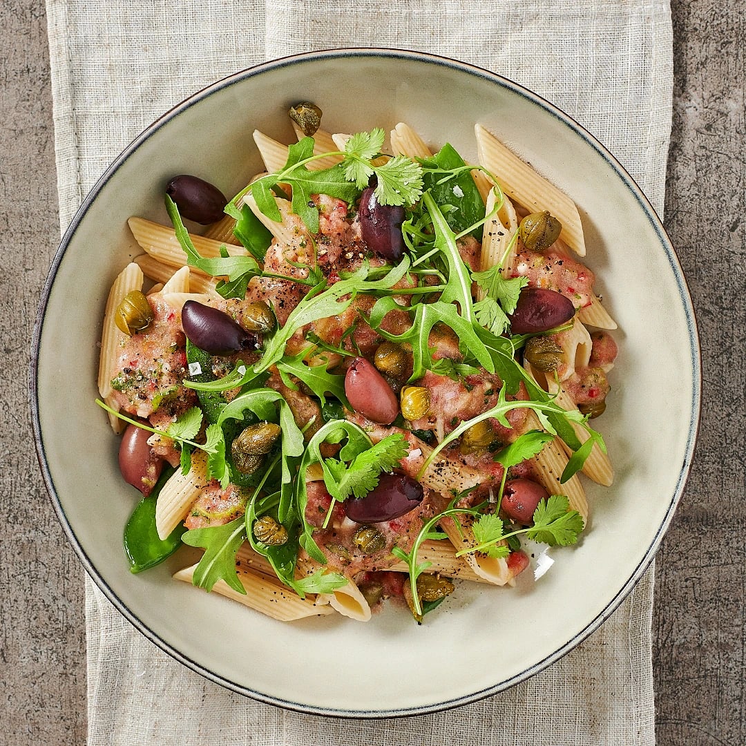 Ljummen pasta pebre med oliver