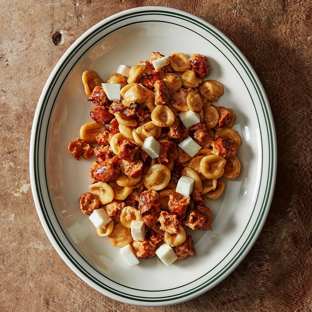 Orecchiette med chorizo och picklad rotselleri