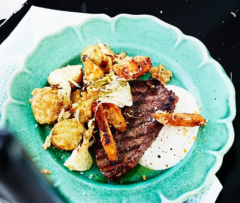 Parmesanrostade grönsaker med grillad luffarstek