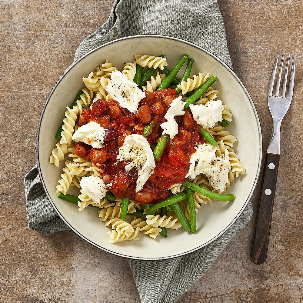 Pasta med haricots verts och mozzarella