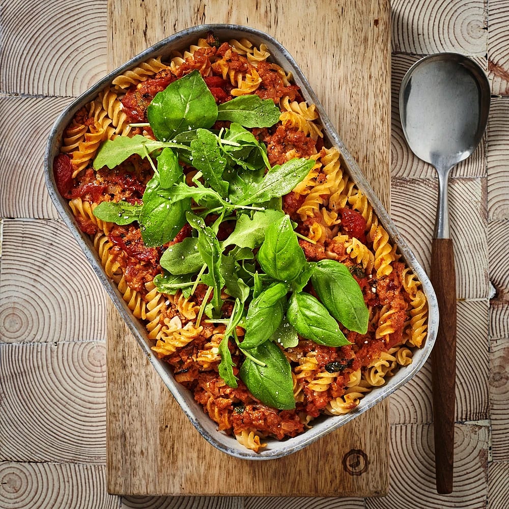Pastalåda med sojafärs och paprika