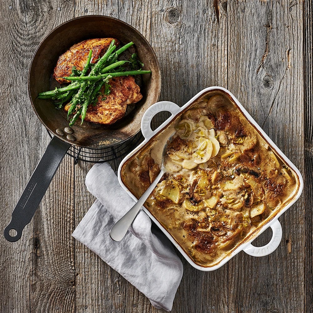 Potatis- och svampgratäng med kyckling och haricots verts