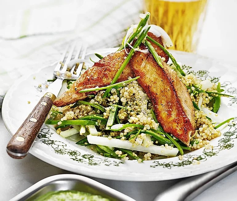 Primörsallad med rucolakräm och kyckling