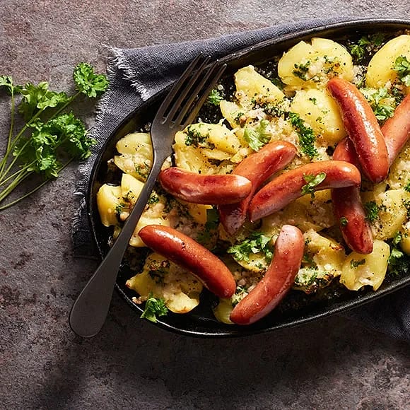 Prinskorv med smashed potatoes