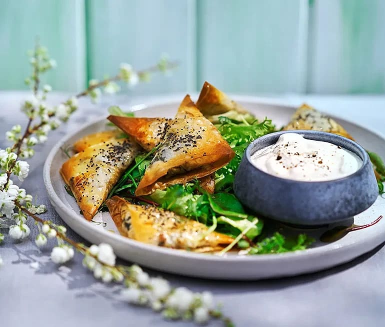 Samosas med svamp, svartkål och lagrad ost