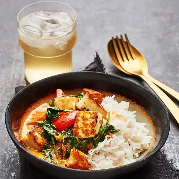 Spenat- och paprikagryta med halloumi