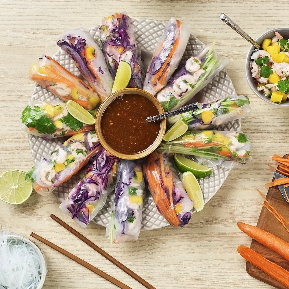 Spring roll wrappers med hoisin dipp