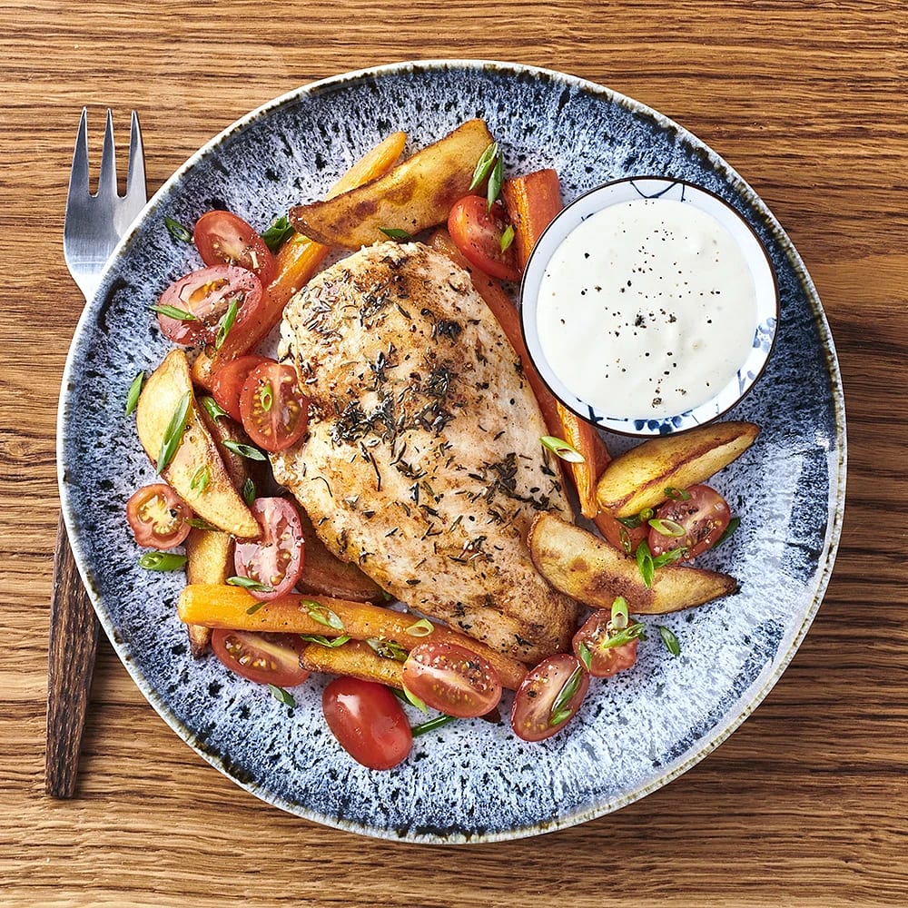 Timjansstekt kyckling med rostad potatis och tomater